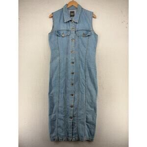 CHIORI Dress M Denim Button Front Sleeveless Vented Back Light Washed Blue VTG
